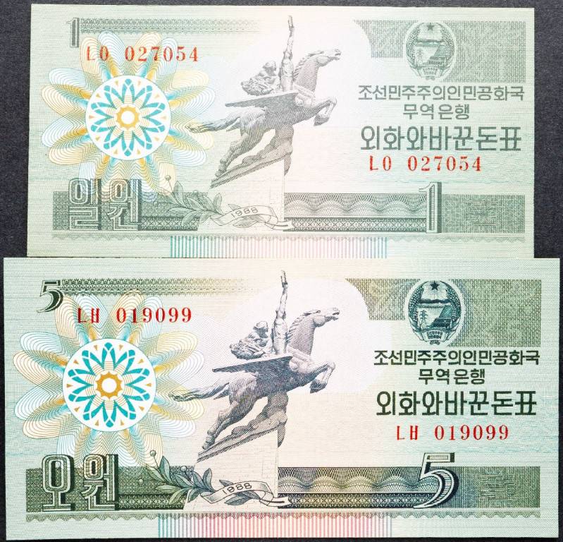 North Korea, 1, 5 Won 1988 North Korea, 1, 5 Won 1988, Lot of two banknotes; UNC...