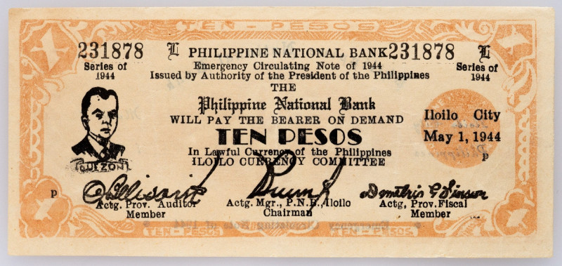 Philippines, 10 Pesos 1944 Philippines, 10 Pesos 1944; EF

Grade: EF