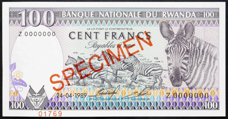 Rwanda, 100 Francs 1989 Rwanda, 100 Francs 1989, Specimen; UNC

Grade: UNC