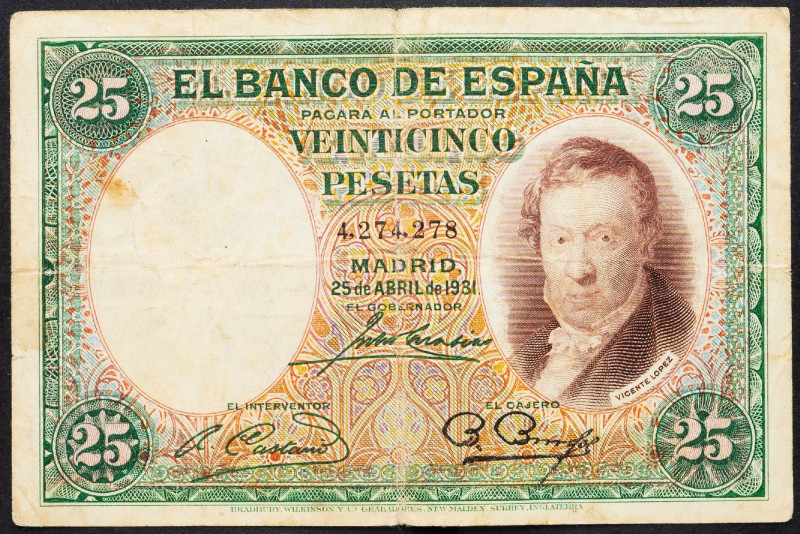 Spain, 25 Pesetas 1931 Spain, 25 Pesetas 1931; VG

Grade: VG