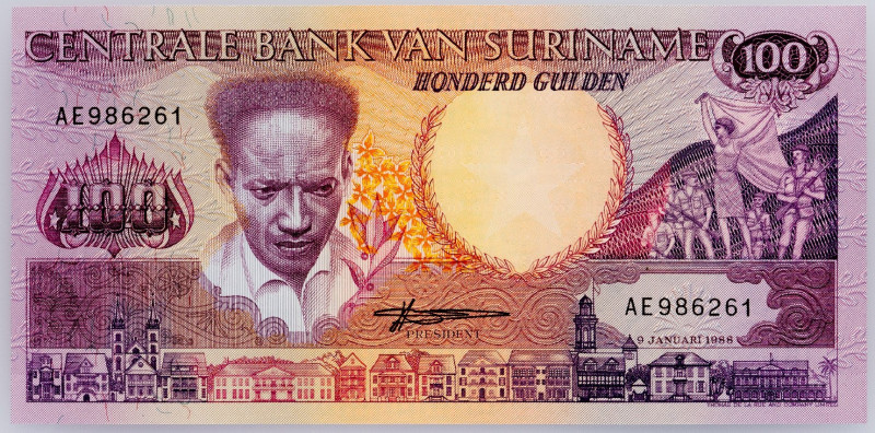 Suriname, 100 Gulden 1988 Suriname, 100 Gulden 1988; UNC

Grade: UNC