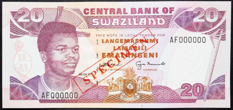 Swaziland, 20 Emalangeni 1997 Swaziland, 20 Emalangeni 1997, Specimen; UNC

Gr...