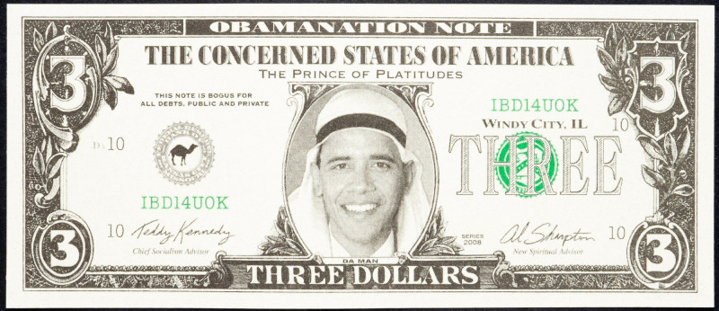 USA, 3 Dollars 2008 USA, 3 Dollars 2008, Obamanation Note, Political Propaganda;...