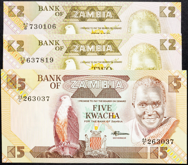 Zambia, 2, 5 Kwacha 1980-1988 Zambia, 2, 5 Kwacha 1980-1988, Lot of three bankno...