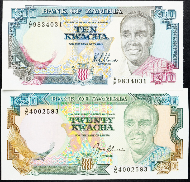 Zambia, 10, 20 Kwacha 1989-1991 Zambia, 10, 20 Kwacha 1989-1991, Lot of two bank...