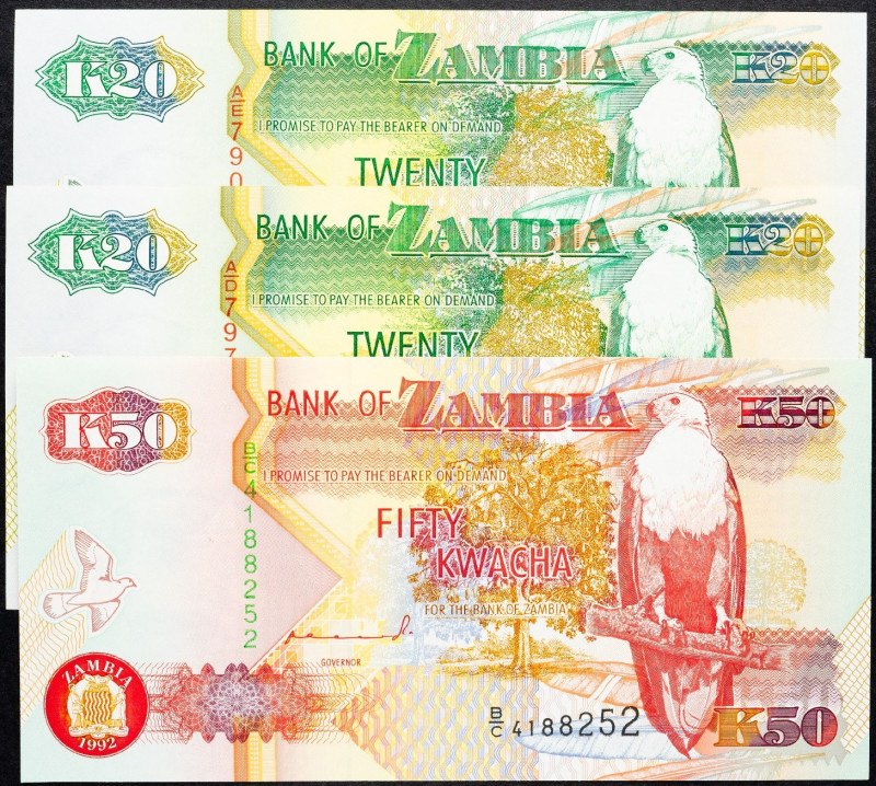 Zambia, 20, 50 Kwacha 1992 Zambia, 20, 50 Kwacha 1992, Lot of three banknotes; U...