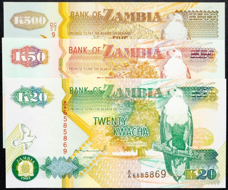 Zambia, 20, 50, 500 Kwacha 1992, 1992, 2004 Zambia, 20, 50, 500 Kwacha 1992, 199...