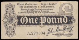 One Pound Bradbury 1914 First Issue Duggleby T1 series A. 277334 perhaps VF for wear but has been torn and repaired and seldom offered in any grade
