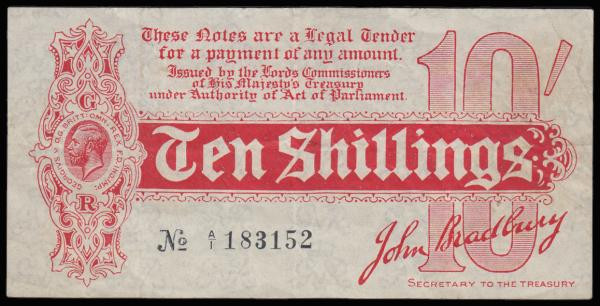 Ten Shillings Bradbury T9 First issue Dash in No. ornate font and 6 digit serial...