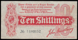 Ten Shillings Bradbury T9 First issue Dash in No. ornate font and 6 digit serial issued 1914 serial number A/1 183152 VF