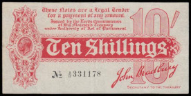 Ten Shillings Bradbury T9 First issue Dash in No. ornate font and 6 digit serial issued 1914 serial number A/17 331178 VF