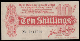Ten Shillings Bradbury T9 First issue Dash in No. ornate font and 6 digit serial issued 1914 serial number A/17 413990 pleasant VF or better, comes wi...