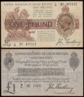 One Pound Bradbury (2) T11.1 issued 1914, series M/81 20423, King George V at top left, (Pick349a), Fine with two pinholes left side, and T16 issued 1...