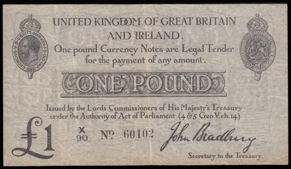 One Pound Bradbury T11.1 issued 1914, series X/90 60102, King George V at top le...