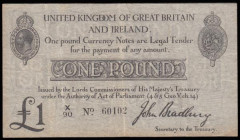 One Pound Bradbury T11.1 issued 1914, series X/90 60102, King George V at top left, (Pick349a), Fine