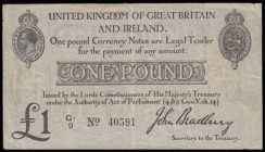One Pound Bradbury T11.2 issued 1914, series G1/9 40591, portrait of King George V at top left, (Pick349a), Bold Fine penned signature on the back