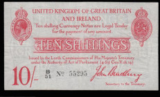 Ten Shillings Bradbury T12.1 issued 1915, series B/51 55295, portrait King George V at top left, (Pick348a), Fine