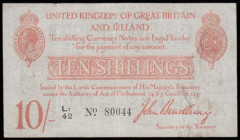 Ten Shillings Bradbury T12.2 issued 1915, series L1/42 80044, portrait King George V at top left, (Pick348a), Very Good