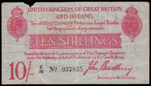 Ten Shillings Bradbury T13.1 1915, series Z/26 037835, portrait King George V at...