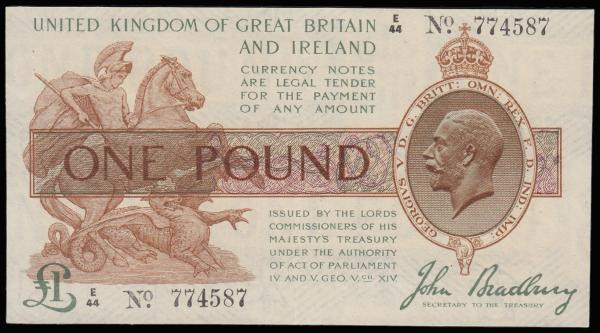 One Pound Bradbury 1917 issue T16 series E/44 774857, King George V portrait AU ...