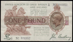 One Pound Bradbury 1917 issue T16 series G/63 691952, King George V portrait Bold and Original VF