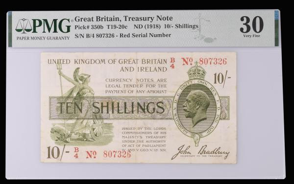 Ten Shillings Bradbury Third Issue T20 Red Dash in No. in serial number, 16th De...