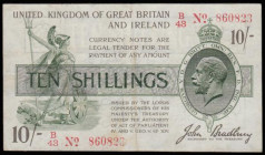 Ten Shillings Bradbury Third Issue T20 Red Dash in No. in serial number, 16th December 1918 serial number B/43 860823, Very Fine with a little dirt