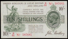 Ten Shillings Bradbury Third Issue T20 Red Dash in No. in serial number, 16th December 1918 serial number B/51 557685, Very Fine