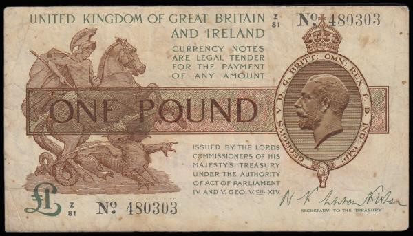 One Pound Fisher T24 Ireland in title First issue 1919 Control Note series Z/81 ...