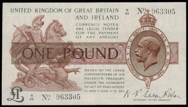 One Pound Warren Fisher T24 issued 1919 first series K/92 963305 Good EF-AU