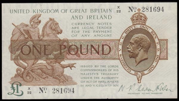 One Pound Warren Fisher T24 issued 1919 last series X/22 281694 EF desirable thu...