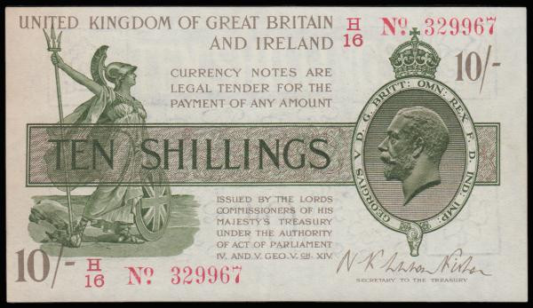 Ten Shillings Warren Fisher T25 issued 1919 last series H/16 329967, No. with do...