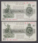 Ten Shillings 1919 Red, Dash T26 (2) first series D/73 and E/9 both about VF