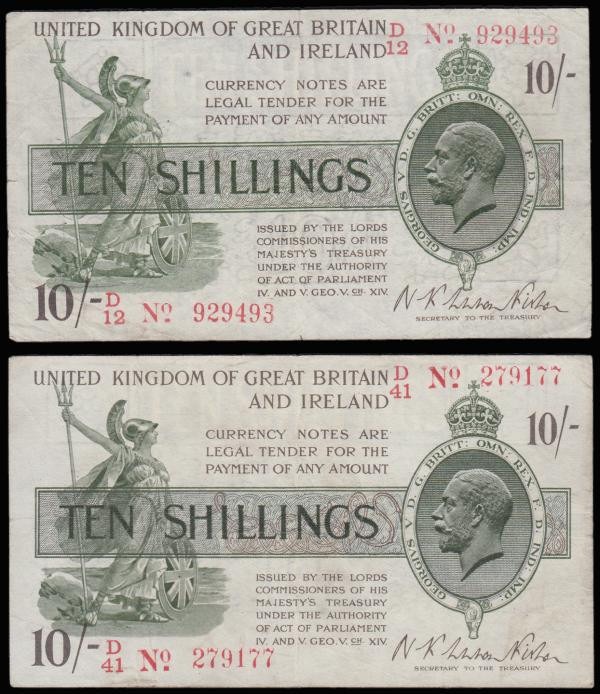 Ten Shillings 1919 Red, Dash T26 first series (2) prefix D12 and D41 both Fine a...