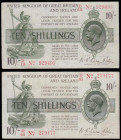 Ten Shillings 1919 Red, Dash T26 first series (2) prefix D12 and D41 both Fine and with pinholes