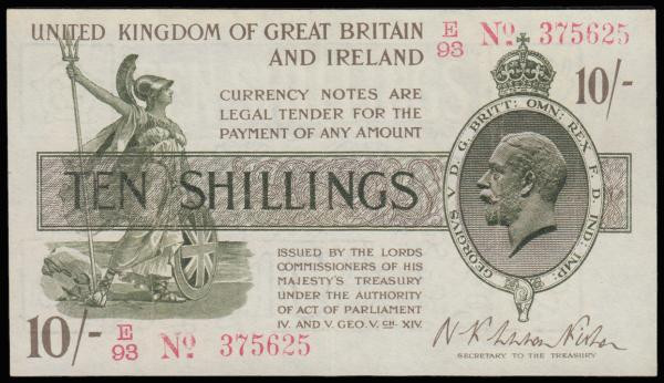 Ten Shillings Warren Fisher T26 issued 1919 E/93 375625 (No. with dash), EF or b...