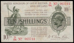 Ten Shillings Warren Fisher T26 issued 1919 first series D/54 065744 (No. with dash), VF with some light stains
