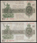 Ten Shillings Warren Fisher T30 issued 1922 (2) P/67 865793, VF with some stains and O/81 788345 Fine bank stamp reverse