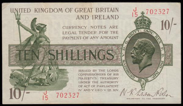 Ten Shillings Warren Fisher T30 issued 1922 first series J/15 702327, VF