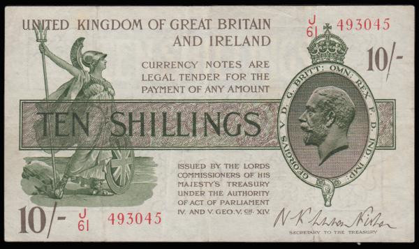 Ten Shillings Warren Fisher T30 issued 1922 first series J/61 493045, VF