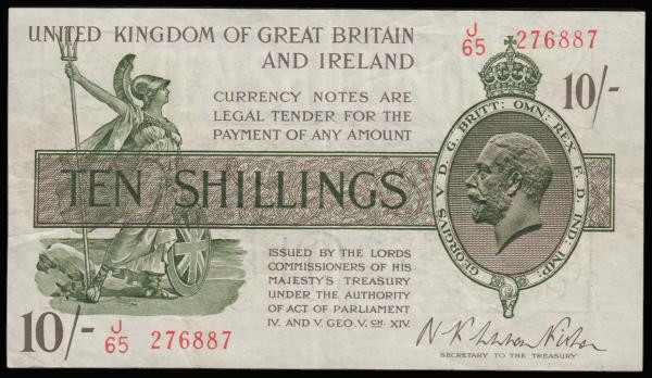 Ten Shillings Warren Fisher T30 issued 1922 first series J/65 276887, VF