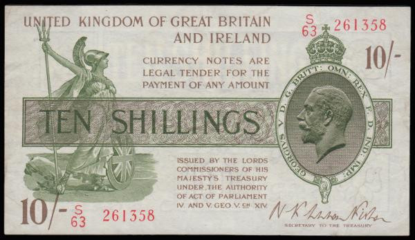 Ten Shillings Warren Fisher T30 issued 1922 last series S/63 261358, VF