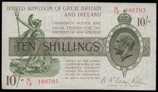 Ten Shillings Warren Fisher T30 issued 1922 N/74 108703, EF or better a faint st...