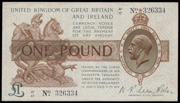 One Pound Warren Fisher T31 issued 1923, first series A1/17 326334, portrait KGV...