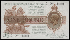 One Pound Warren Fisher T31 issued 1923, first series A1/44 118451, portrait KGV at right, probably AU for wear with s strong centre fold