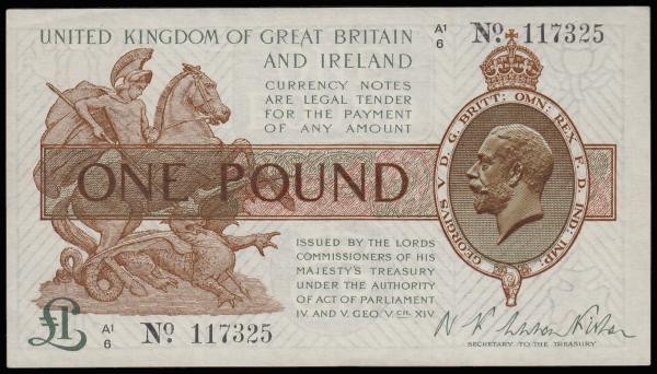 One Pound Warren Fisher T31 issued 1923, first series A1/6 117325, portrait KGV ...