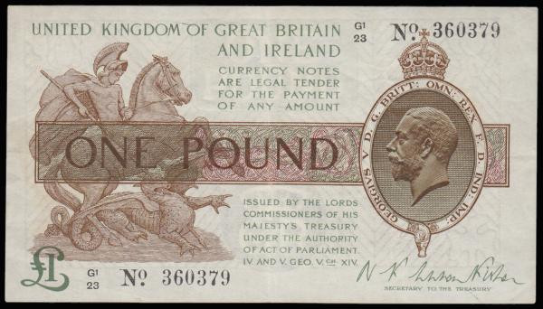 One Pound Warren Fisher T31 issued 1923, G1/23 360379, portrait KGV at right, Go...