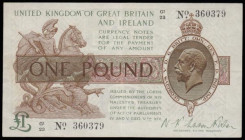 One Pound Warren Fisher T31 issued 1923, G1/23 360379, portrait KGV at right, Good VF