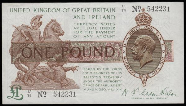 One Pound Warren Fisher T31 issued 1923, L1/74 542231, portrait KGV at right, AU...