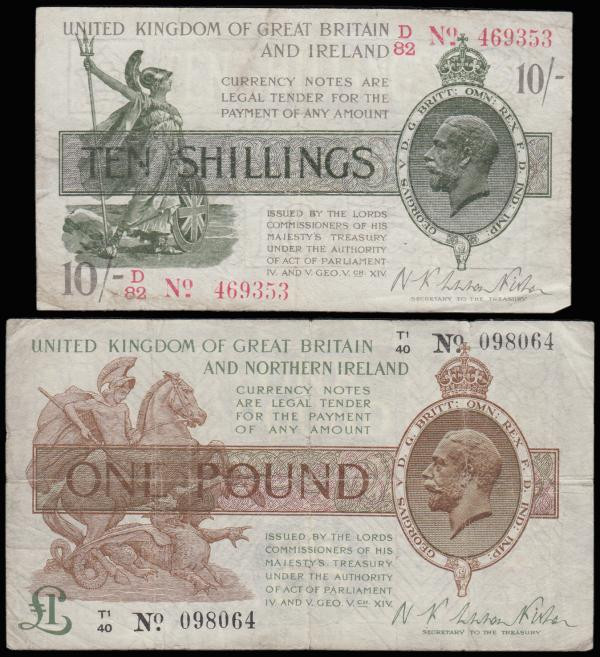 Warren Fisher (2) One Pound 1923 T31 T/1 098064 and Ten Shillings 1919 Red, Dash...